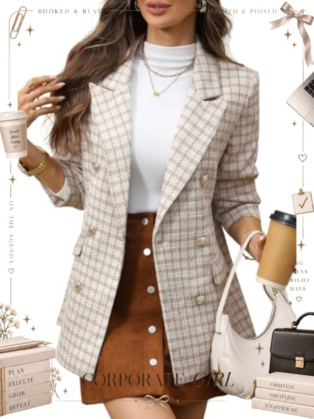 Oversized Plaid Tweed Blazer Boyfriend Double Breasted